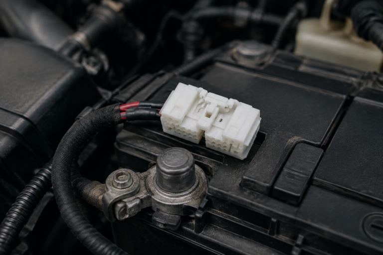 Battery post terminal installed on a vehicle battery in a fleet service bay