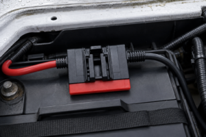 Battery terminal corrosion inspection in a professional vehicle workshop