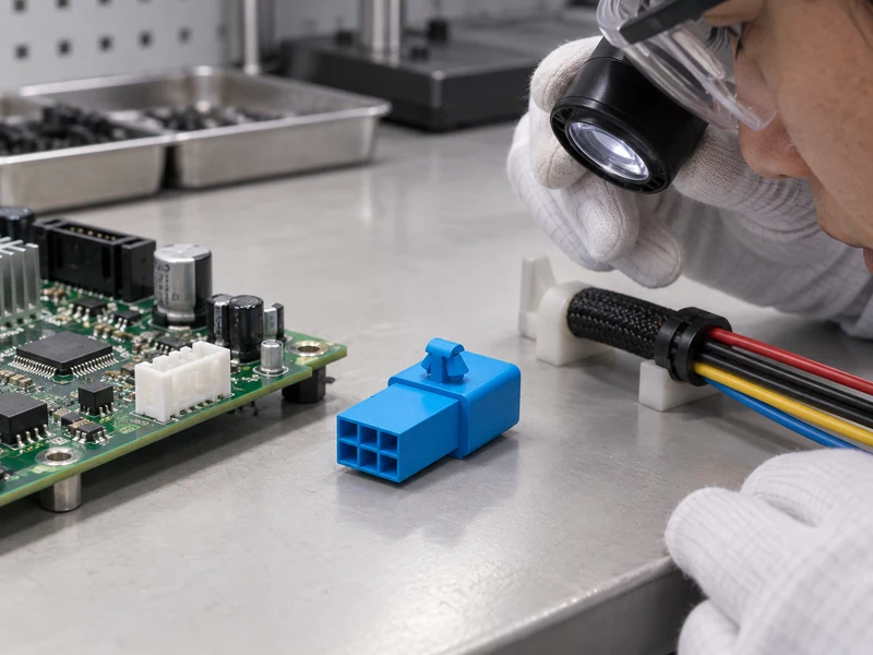 Shenji automotive connector inspected beside an assembled circuit board