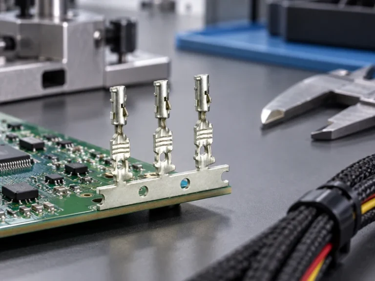 PCB connector types arranged beside board layout, header and mating-housing drawings