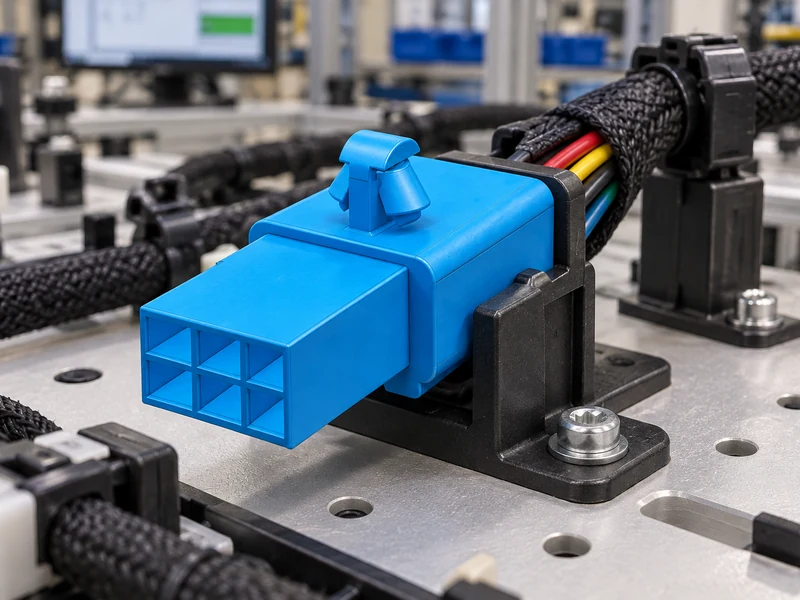 Shenji automotive connector installed in a supported wire harness fixture