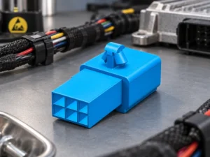 Close-up engineering comparison of connection pins, housings and PCB footprints