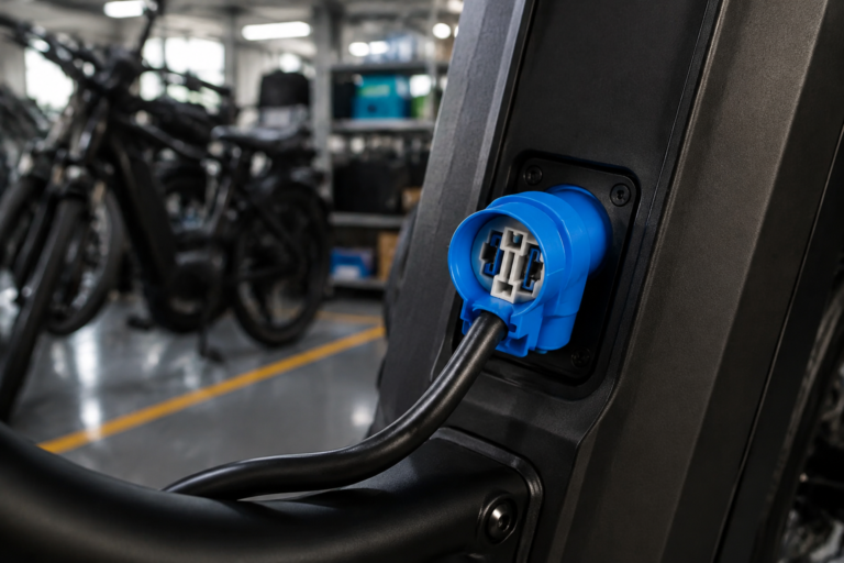 Connector for electric bike installed in a commercial fleet charging area