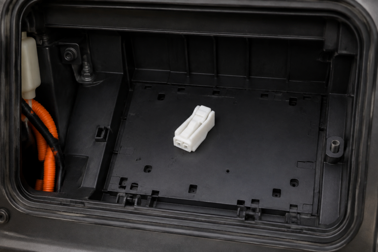 CNSJ white connector positioned in a low-voltage vehicle service compartment