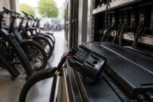 Electric bike battery connectors installed in a fleet service and charging area