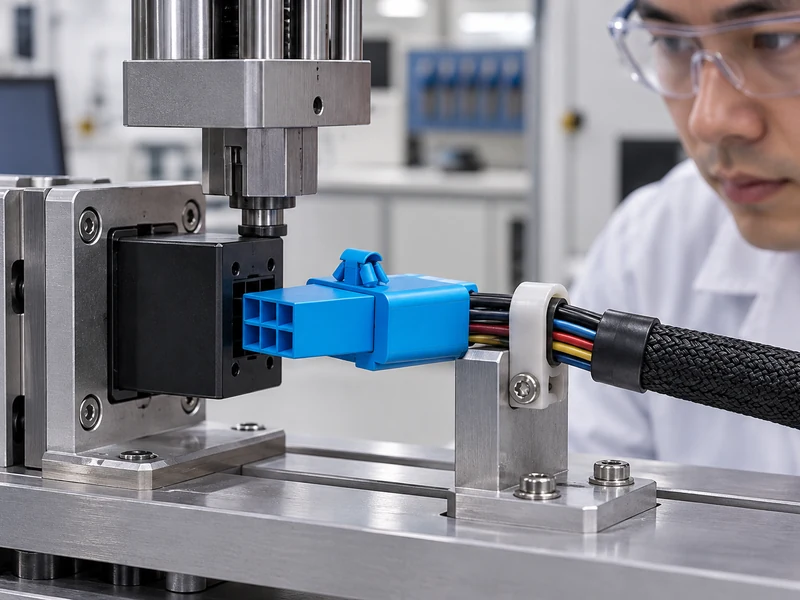Shenji automotive connector positioned in a mating-cycle test fixture
