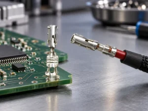 Buyer reviewing pin connector pitch, pin count and mating drawings beside a PCB