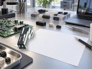 Engineer checking pin header dimensions and PCB alignment during connector selection