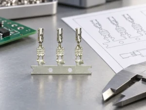 Engineer comparing pin terminal header drawings, mating parts and PCB dimensions