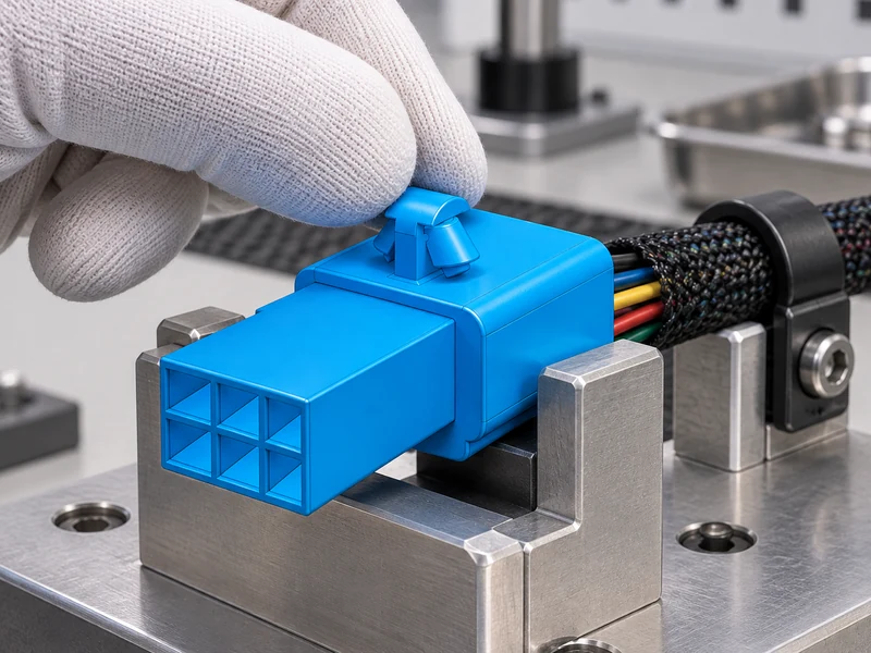 Shenji automotive connector secured in a harness retention fixture