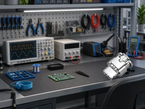 Engineer reviewing an SMT connector footprint and mating interface on a PCB assembly