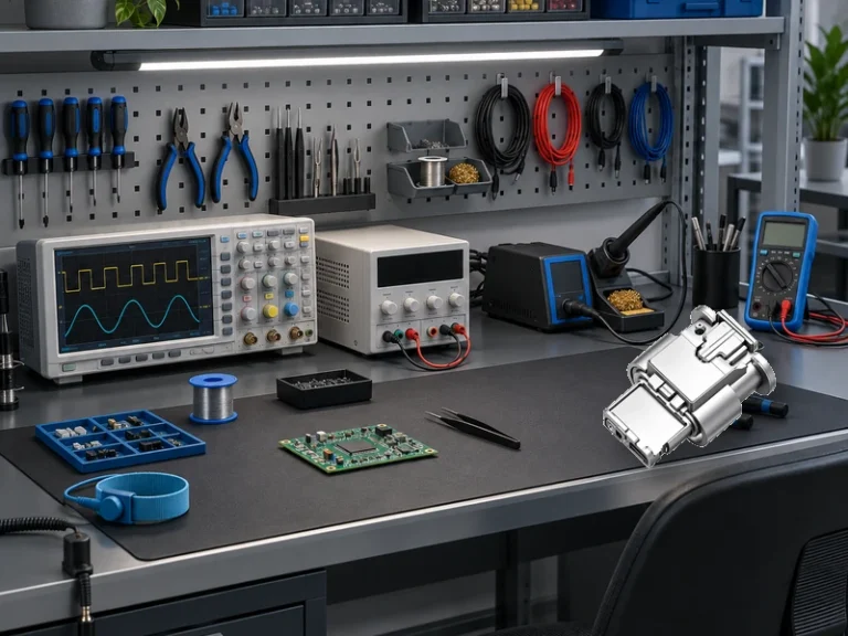 Engineer reviewing an SMT connector footprint and mating interface on a PCB assembly