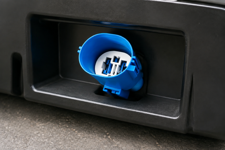 CNSJ blue connector positioned in an e-bike battery docking enclosure