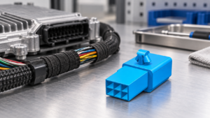 Automotive ECU terminal pins with a connector housing and mating inspection fixture