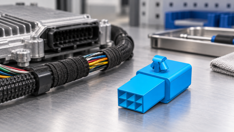 Automotive ECU terminal pins with a connector housing and mating inspection fixture