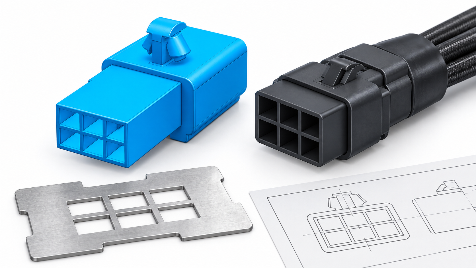 Automotive ECU terminal pins with a connector housing and mating inspection fixture — connector fit and selection illustration