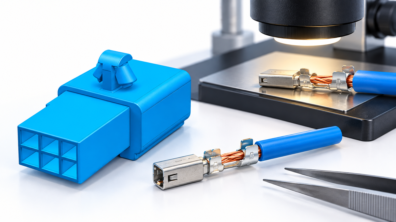 Automotive ECU terminal pins with a connector housing and mating inspection fixture — connector inspection illustration