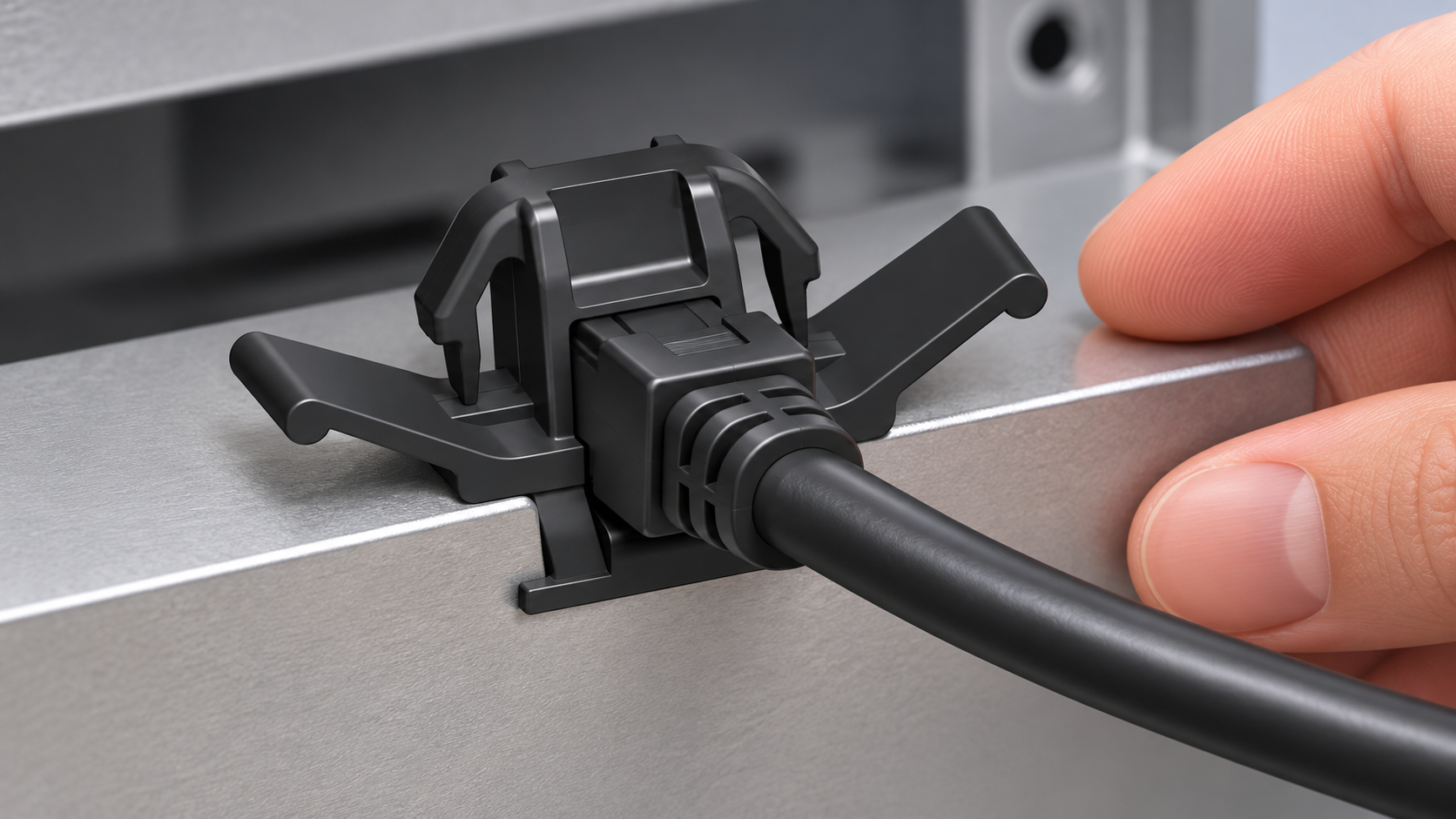 Plastic NM cable connector securing a residential cable entry into an electrical enclosure — connector inspection illustration