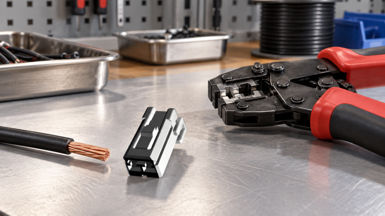 Terminal crimping tool, wire and automotive connector on an assembly bench