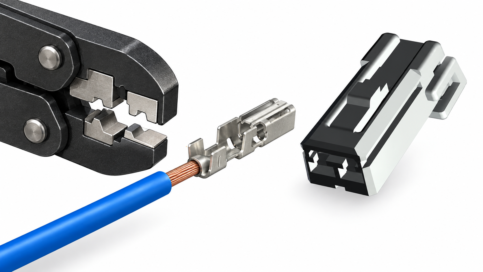 Terminal crimping tool, wire and automotive connector on an assembly bench — connector fit and selection illustration