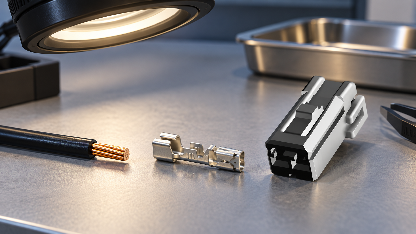 Terminal crimping tool, wire and automotive connector on an assembly bench — connector inspection illustration