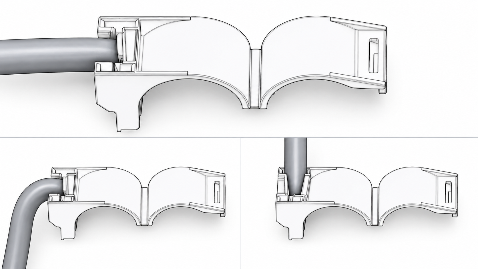 Plastic wire connector housing with routed cable, clamp and mating inspection fixture — connector fit and selection illustration