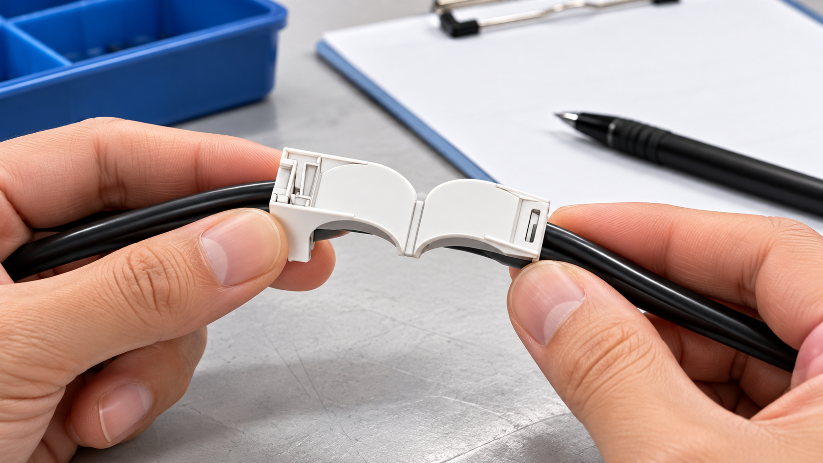 Plastic wire connector housing with routed cable, clamp and mating inspection fixture — connector inspection illustration